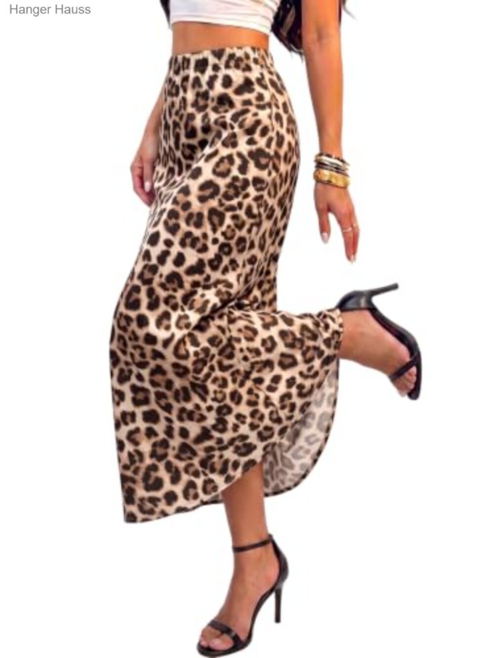Satin Midi Skirt A-Line Elastic High Waist Animal Print
